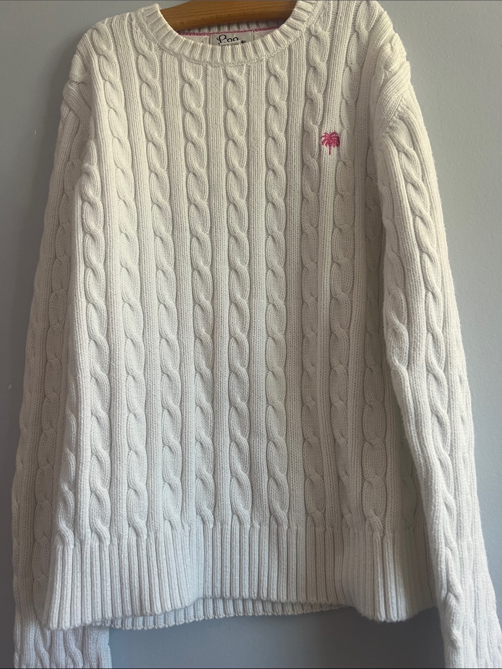 Lilly Pulitzer Ivory Cable-Knit Crewneck Sweater with Pink Logo
